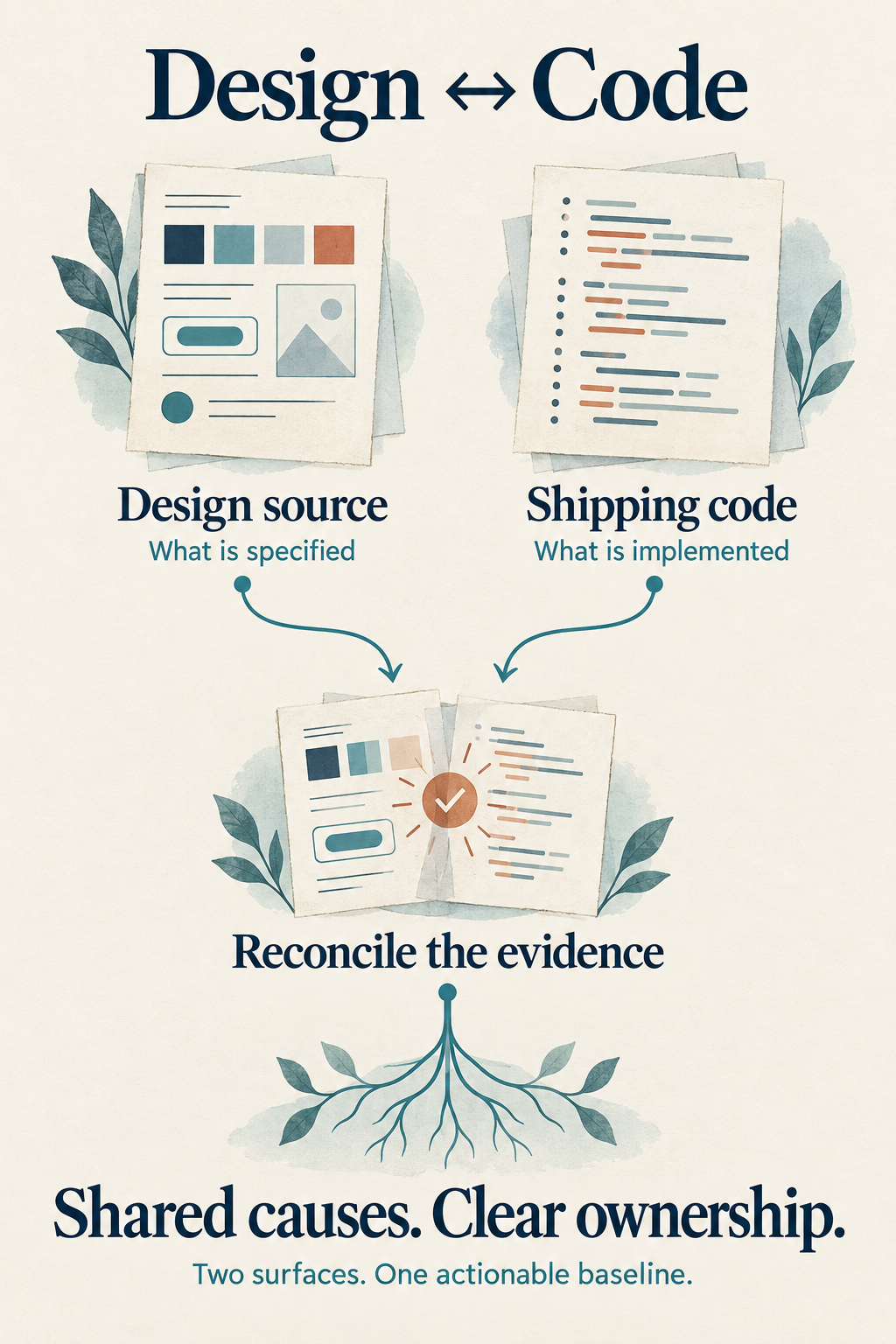 Design source and shipping code are audited independently, then their evidence is reconciled to identify shared causes and clear ownership.