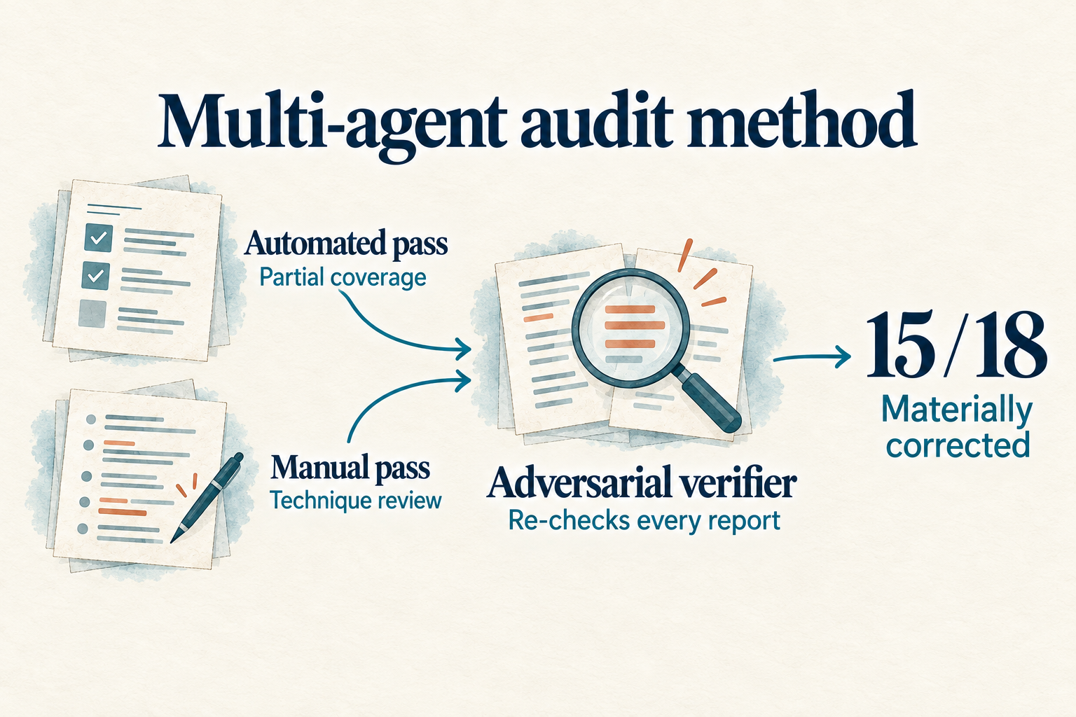 Automated and manual audit passes converge on an adversarial verifier; 15 of 18 reports were materially corrected.