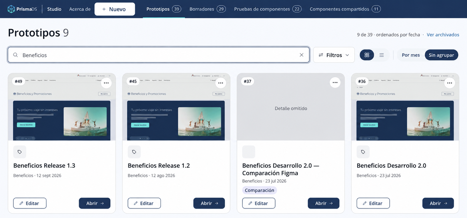 Studio prototype catalogue filtered to Benefits, showing four prototype cards with thumbnail previews, version labels, and Edit and Open controls. Internal comparison details are omitted.