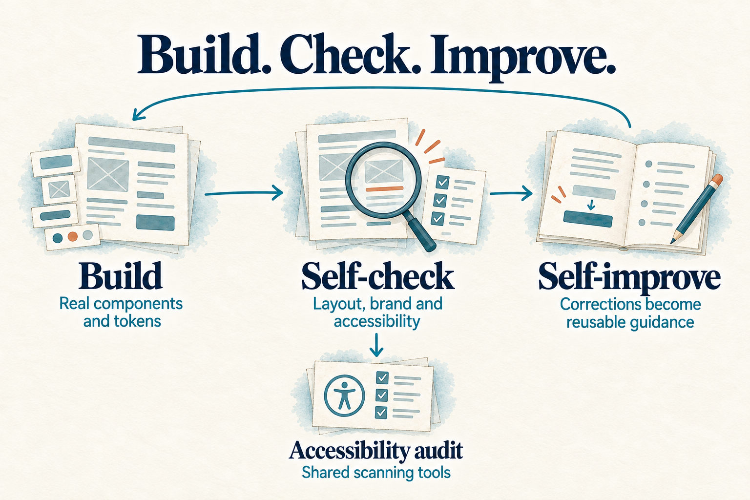 Build with real components and tokens, self-check layout, brand and accessibility, then save corrections as reusable guidance for the next build. A return arrow closes the cycle. Accessibility audits branch from self-check and share the scanning tools.
